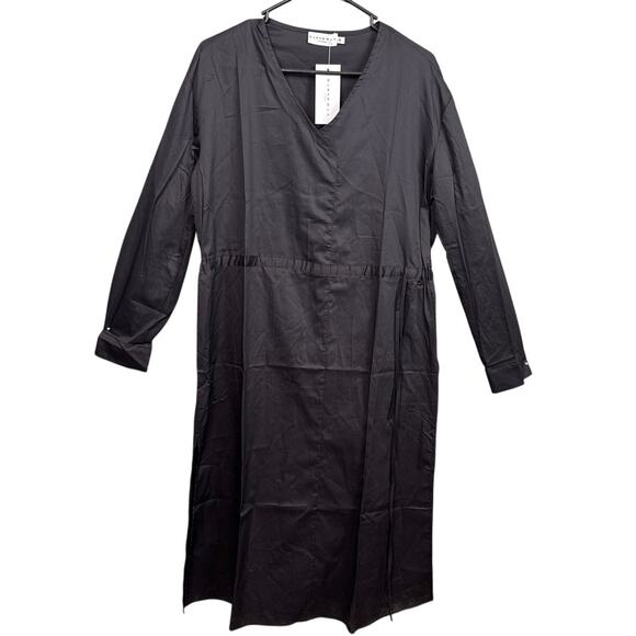 Harshman Belinda A-Line Midi Dress Black Brushed Cotton Draw String Waist NWT M - Picture 3 of 10